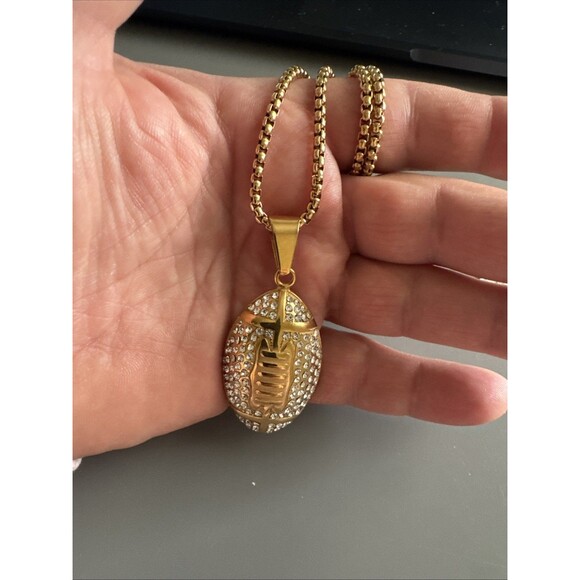 Football Pendant Chain Stainless Steel Super Bowl Gift Men’s Cubic Zirconia Gold - Picture 5 of 6